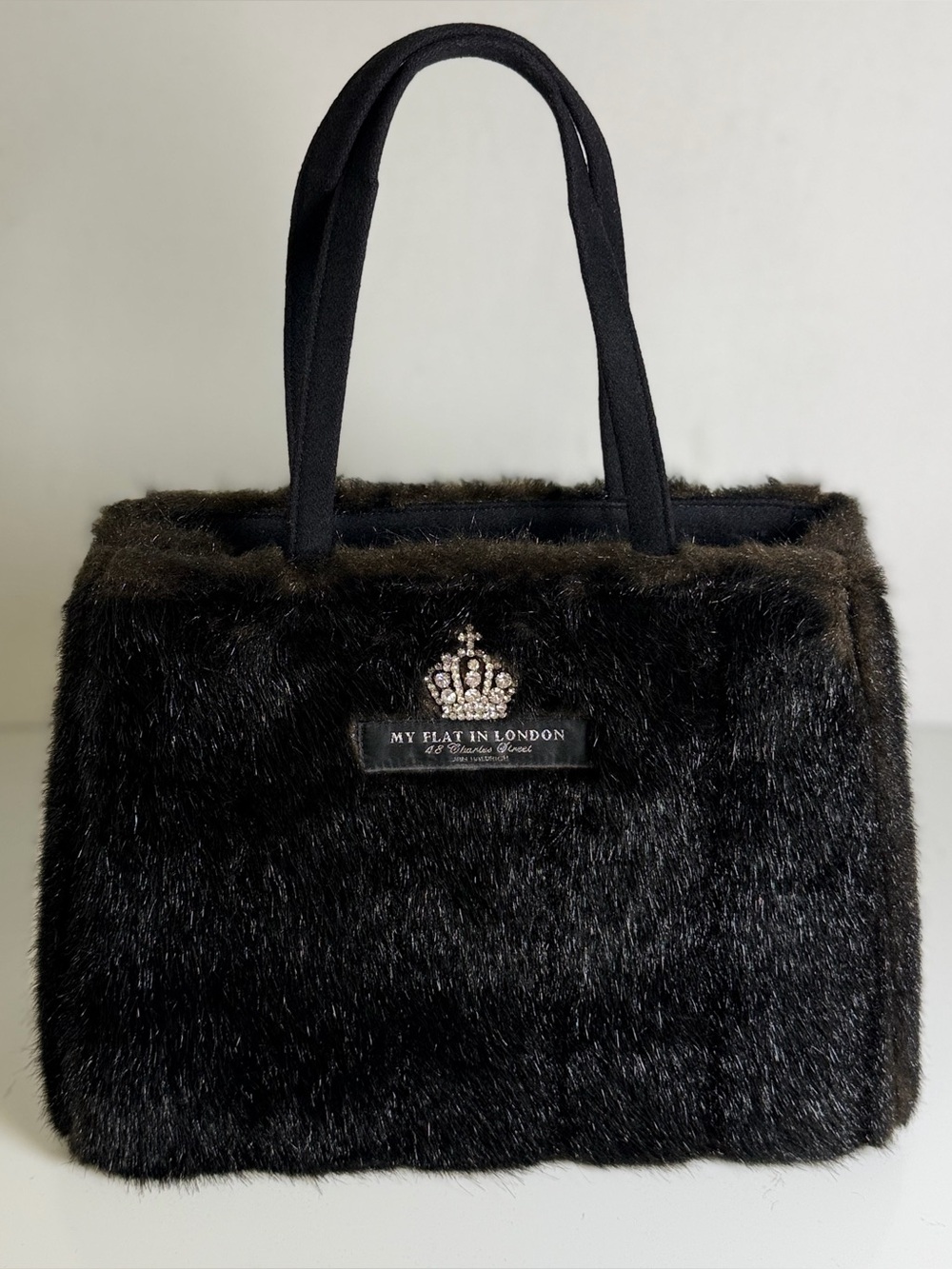 Vintage Y2K My Flat In London Faux Fur Tote Crystal Crown Pink Lining Purse